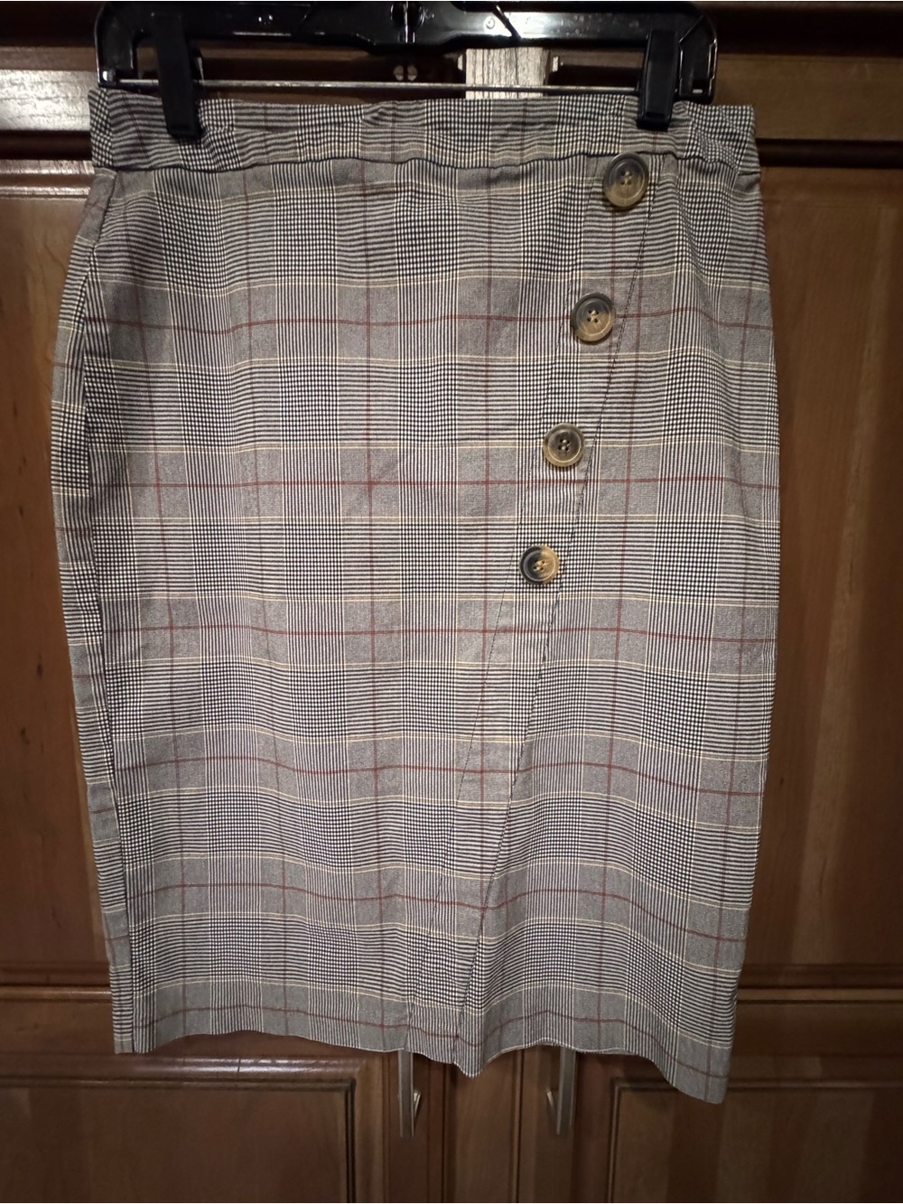Soho Plaid Pencil Skirt in Beige with Rust Windowpane